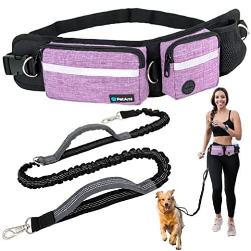 PetAmi Hands Free Dog Leash, Running Leash Belt Bag for Walking, Jogging, Waist Double Zipper Pouch with Poop Dispenser, Dual Padded Handles Reflective Bungee Single, Purple, 1 Leash