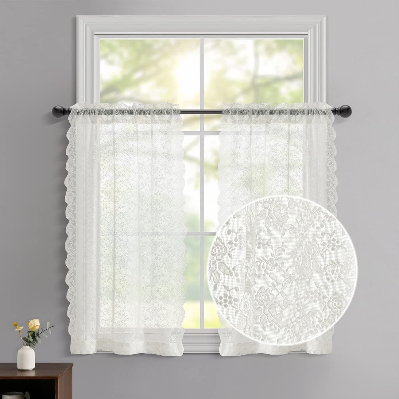 FINECITY Lace Curtains 36 Inch Length 2 Panels Vintage Rose Floral Farmhouse Sheer Kitchen Curtain Over Sink Short Lace Curtains for Small Windows W25 x L36 Inch Ivory