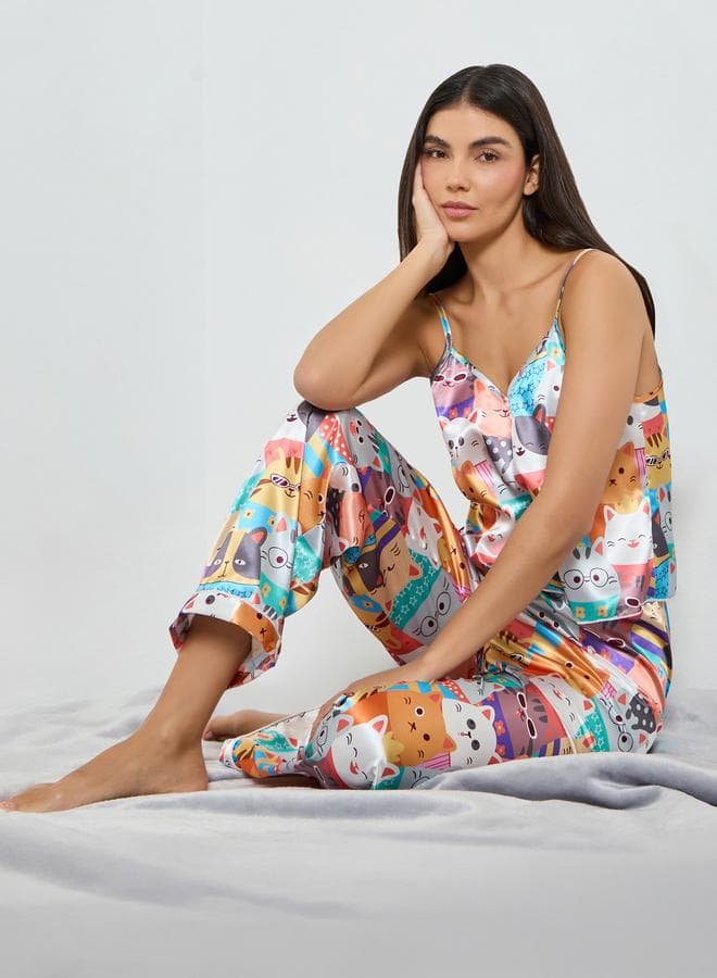 Cat Print Satin Cami Top and Pyjama Set
