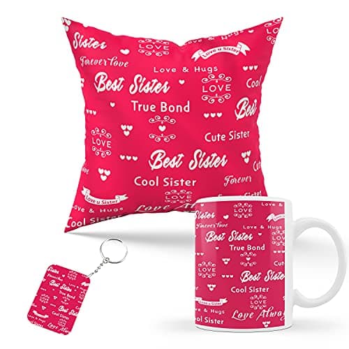 Kaameri Bazaar Birthday Bhaidooj Rakhi Gift Combo for Sister (Cushion Cover with Filler + Mug + Key Ring) - Rakhi Birthday Gift for Sister