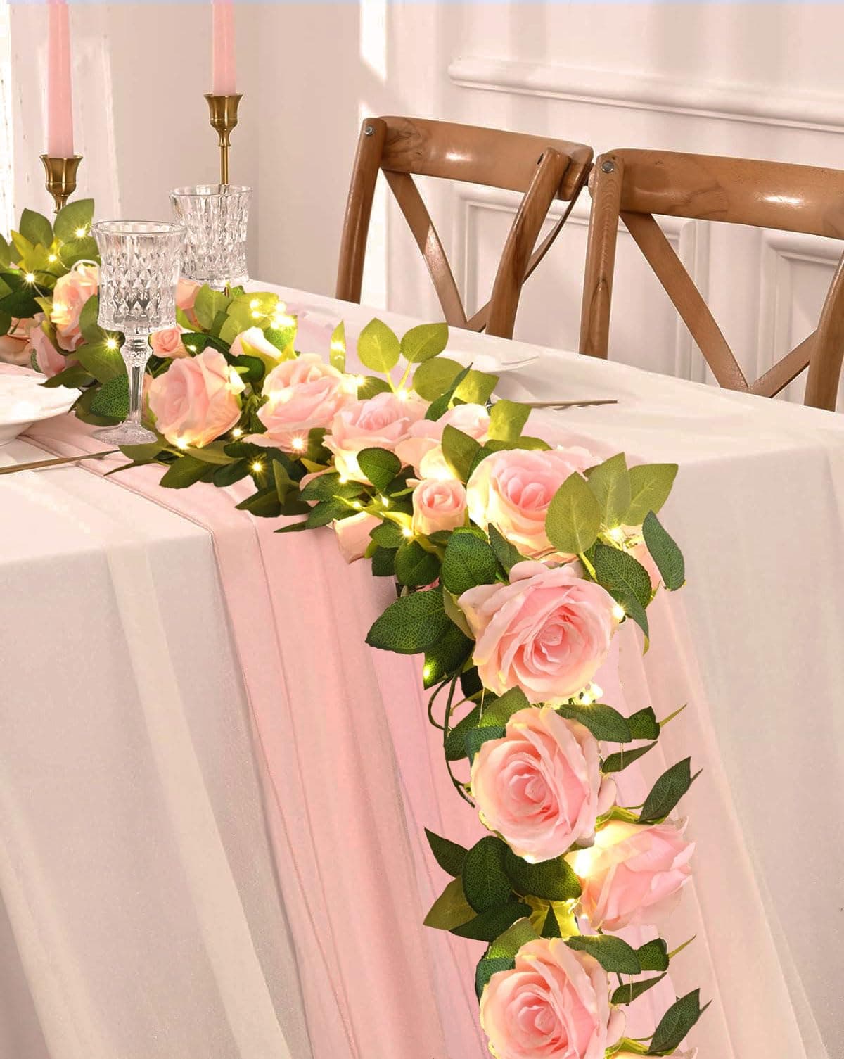 2 Pcs Flower Garland with 196 Ft Lights 132 Ft Pink Floral Garland Fake Flowers for Wedding Arch Party Wall Garden Room Decor