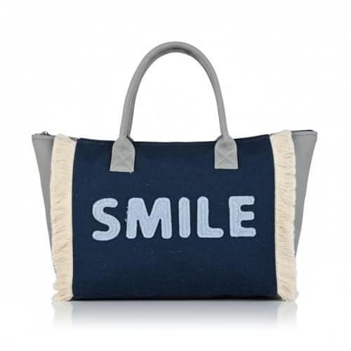 ENSAC Tote SMILE Women’s Canvas Tote Bag Navy Blue Handbag with Fringe Sides, Casual Shoulder Bag for Office, Shopping & College