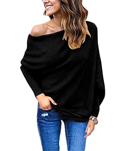 GOLDSTITCH Women's Off Shoulder Batwing Sleeve Loose Pullover Sweater Knit Jumper Oversized Tunics Top Black