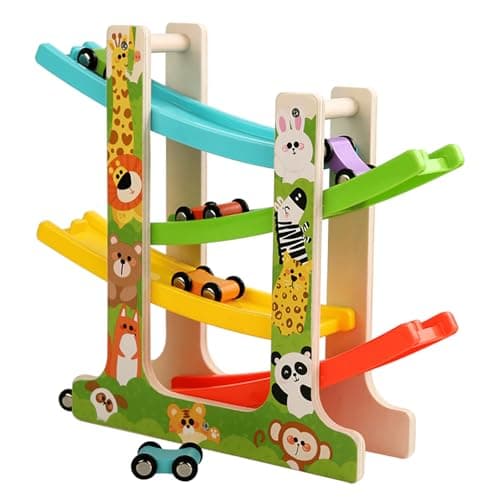 Wooden Race Track Car Ramp Toy Set for Toddlers with 6 Mini Cars Motor Skills Development Educational Learning Playset