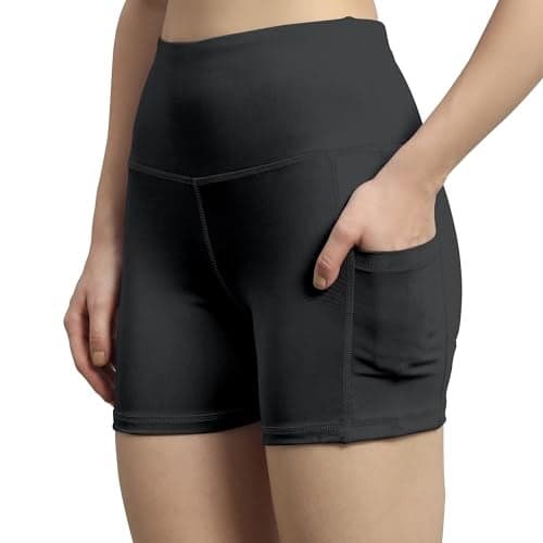 Mehrang High Waist Workout Shorts for Women, Midnight Sky, Bike Shorts with Elastic Waistband and Pockets, (L, Black)