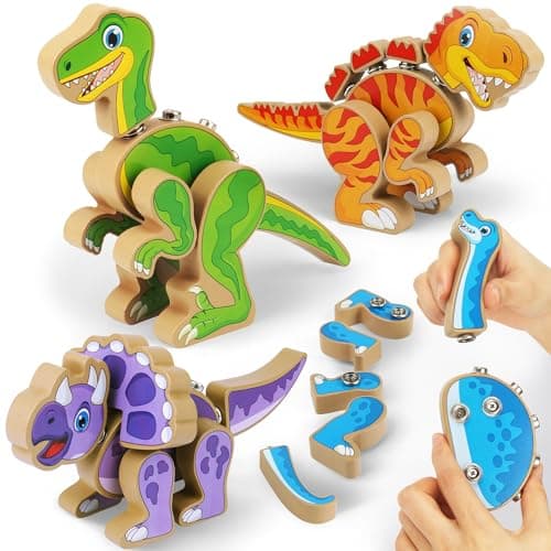 Coogam Build Your Own Dinosaurs Toy Snap Together Building Dinosaurs Playset Wooden STEM Take Apart Dinosaur Builder Montessoi Fine Motor Building Toy Gift for 3 4 5 Years Old Kids