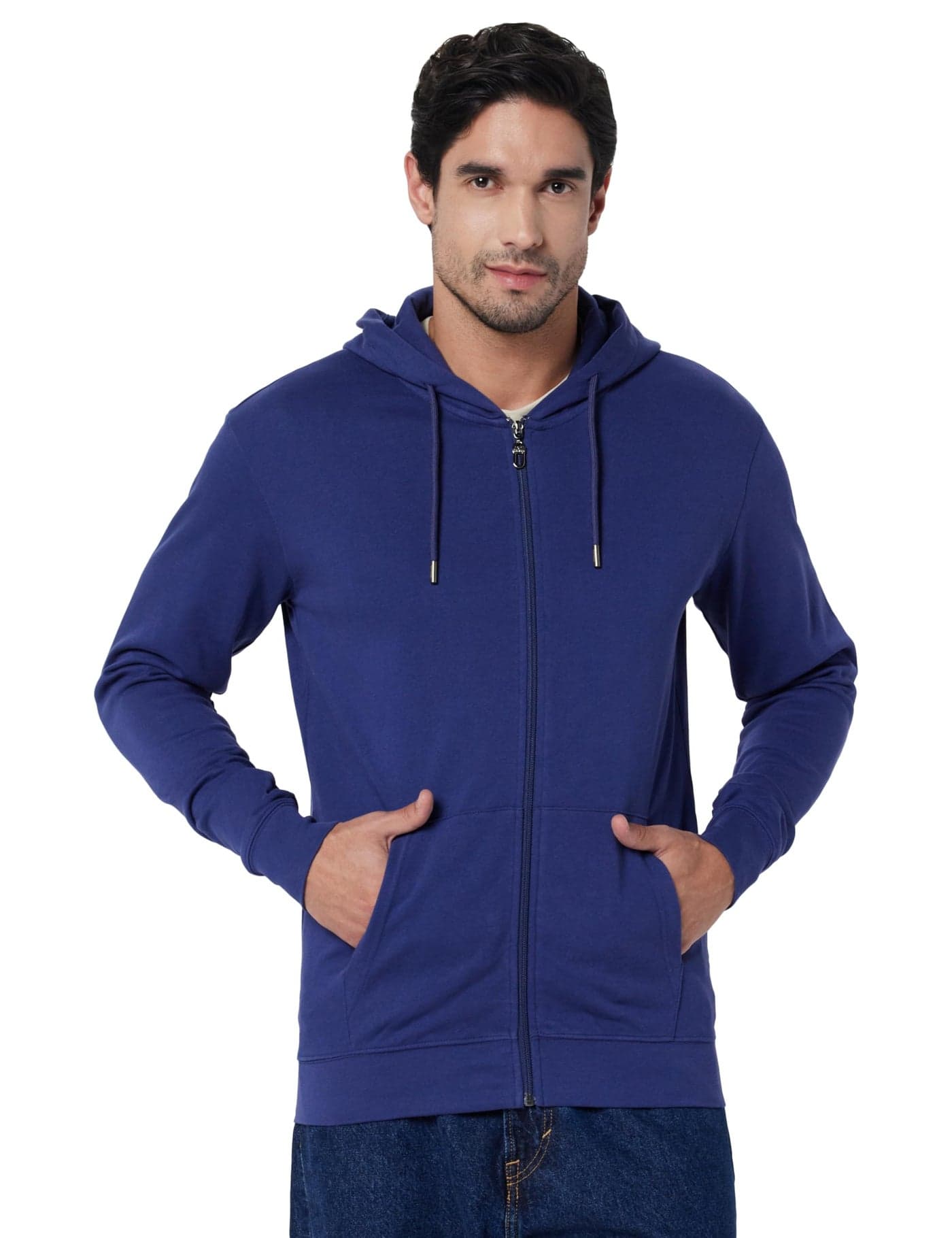CAVALLI CLASS Men's Hooded Neck Animal Printed Zipper Hooded Sweatshirt Blue