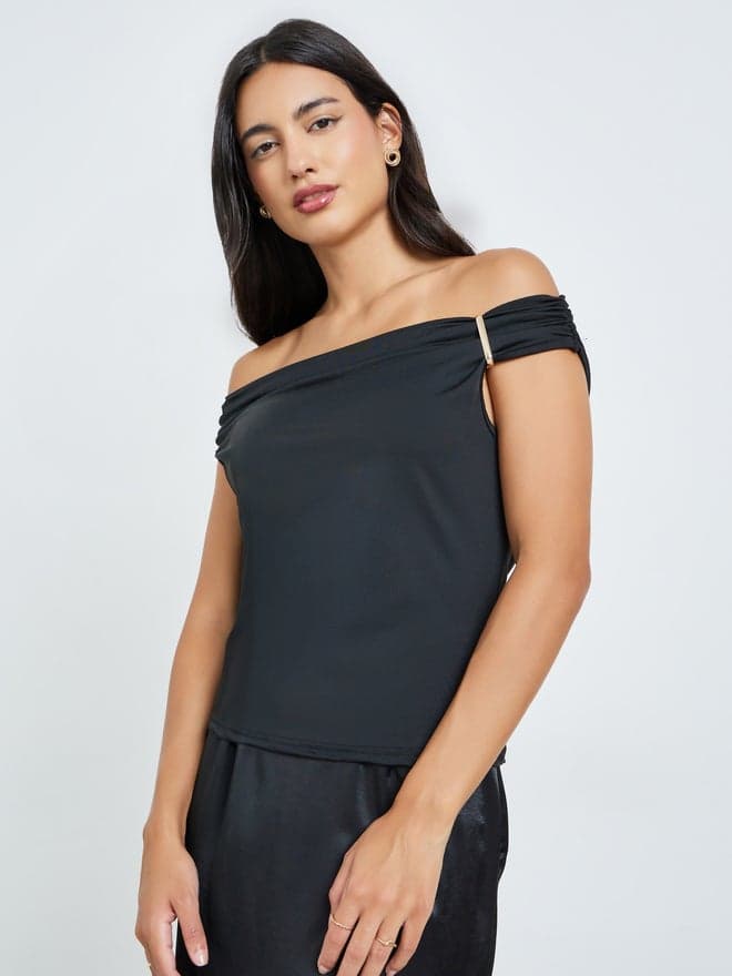 Styli Black Metallic Embellished Off-Shoulder Top