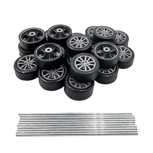 20PCS Small Toy Car Wheel 16mm Model Car Mini Rubber Tire Wheels with 10PCS Shaft Round Rod Axles for DIY Model Toy RC Car Truck Robot Building Accessories Silver 2x16mm