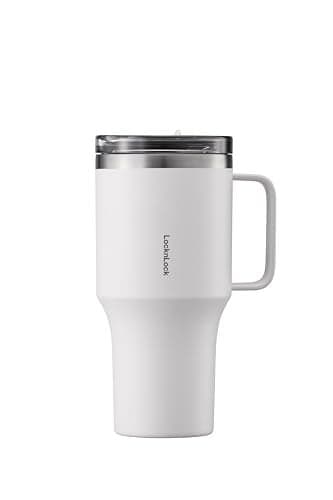 LocknLock Metro Travel Mug Premium 18/8 Stainless Steel Double Wall Insulated with Handle Perfect for travel with Lid, Ivory, 27 oz