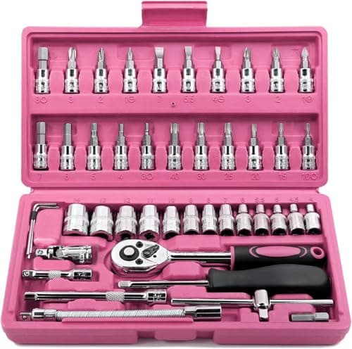 Egofine 46 Pieces 14 inch Drive Socket Ratchet Wrench Set with Bit Socket Set Metric and Extension Bar for Auto Repairing and Household with Pink Storage Case