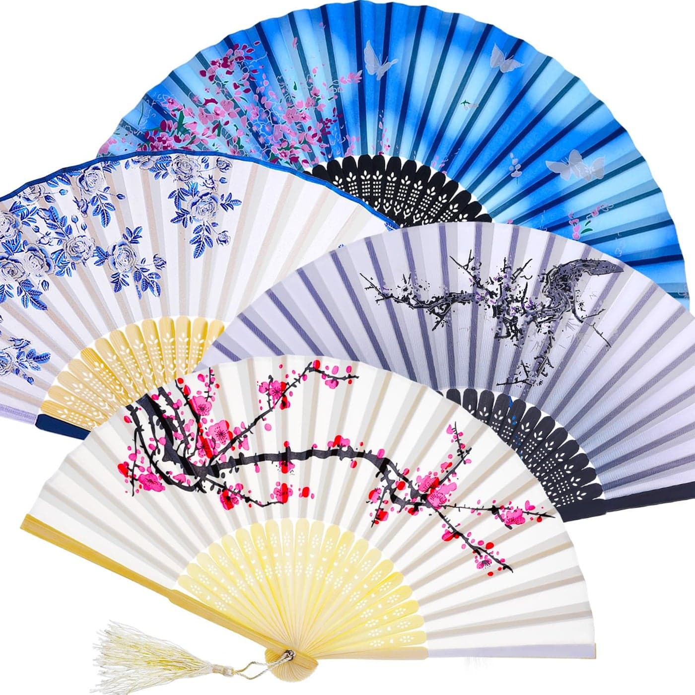 Zonon 4 Pack Handheld Floral Folding Fans Hand Held Silk Bamboo Fans with Tassel Women Hollowed Hand Foldable Fan with Fabric Sleeve for Dancing Wedding Decoration GiftsAdorable