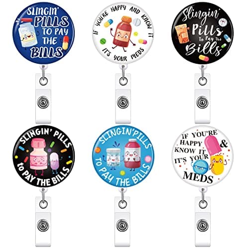 TaoBary 6 Pcs Pharmacy Badge Reel Funny Pharmacy Technician Gifts Retractable Nurse Badge Holder with Alligator Clip Pill Nurse Name Tag Holder with ID Clip for Pharmacist Cna Doctor Healthcare Worker