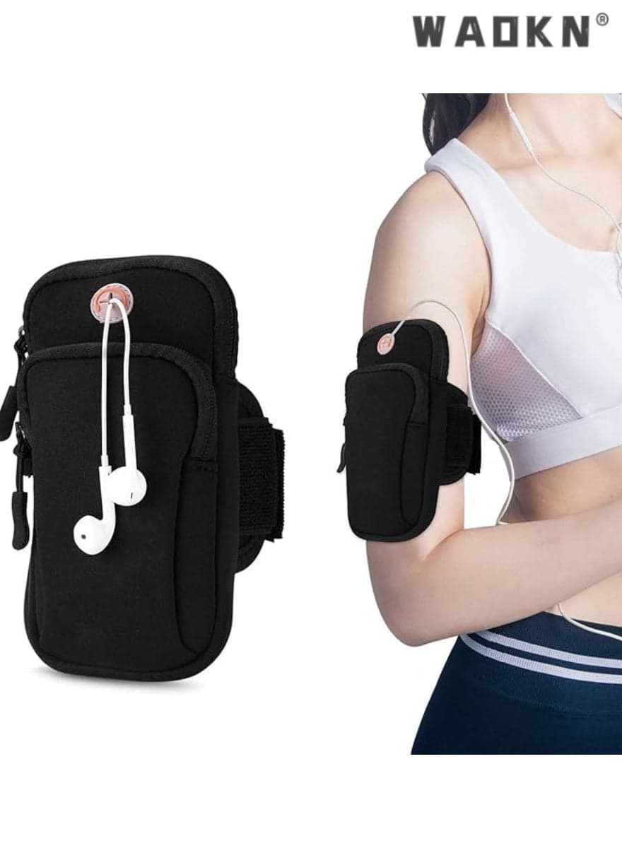 Armband Cell Phone Holder,Phone Sleeve For Running, with Convenient Headphone Hole and Secure Zipper Pocket, Adjustable, Sweatproof And Water Resistant Arm Holder For Cell Phone (Black)