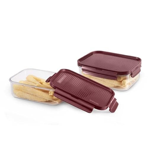 CELLO Modulock Rectangular Kitchen Storage Containers Set of 2, (2 x 910 ml), Burgundy | Food Grade, BPA Free, Air Tight Clip, Stackable | Multipurpose Plastic Storage Container Sets For Home Kitchen
