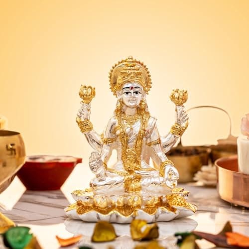 Idolkart Pure Gold and Silver Coated Lakshmi Devi Idol - Beautiful and Detailed Laxmi Murti Ideal for Pooja - Divine Laxmi Idol Symbolizing Prosperity and Wealth - Sitting Lakshmi Devi Idol (3 inch)