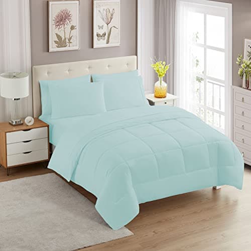 King Size Comforter Set with Sheets - 7-Piece Bedding Collection - 1 Comforter, 1 Fitted Sheet, 1 Flat, 4 Pillowcases - Deep Pocket - Soft & Breathable Premium Quality - Ideal for All Seasons, Aqua