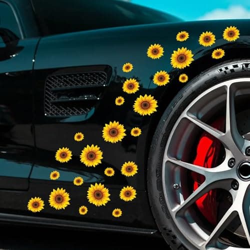 Iprokiu 27pcsSet Flower Car Sticker Waterproof Sunflower Decal for Car Body Window Bumper Self Adhesive Daisy Car Sticker SUV Truck Vehicle Laptop Wall Car Decoration Sunflower