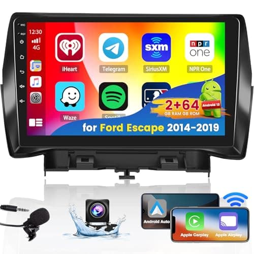 Roinvou 2+64G Android CarPlay Stereo for 2014-2019 Ford Escape, Built-in Wireless CarPlay Radio with Android Auto, 9'' Touch Screen in-Dash GPS Navigation Support Mirror Link BT FM RDS AHD DSP