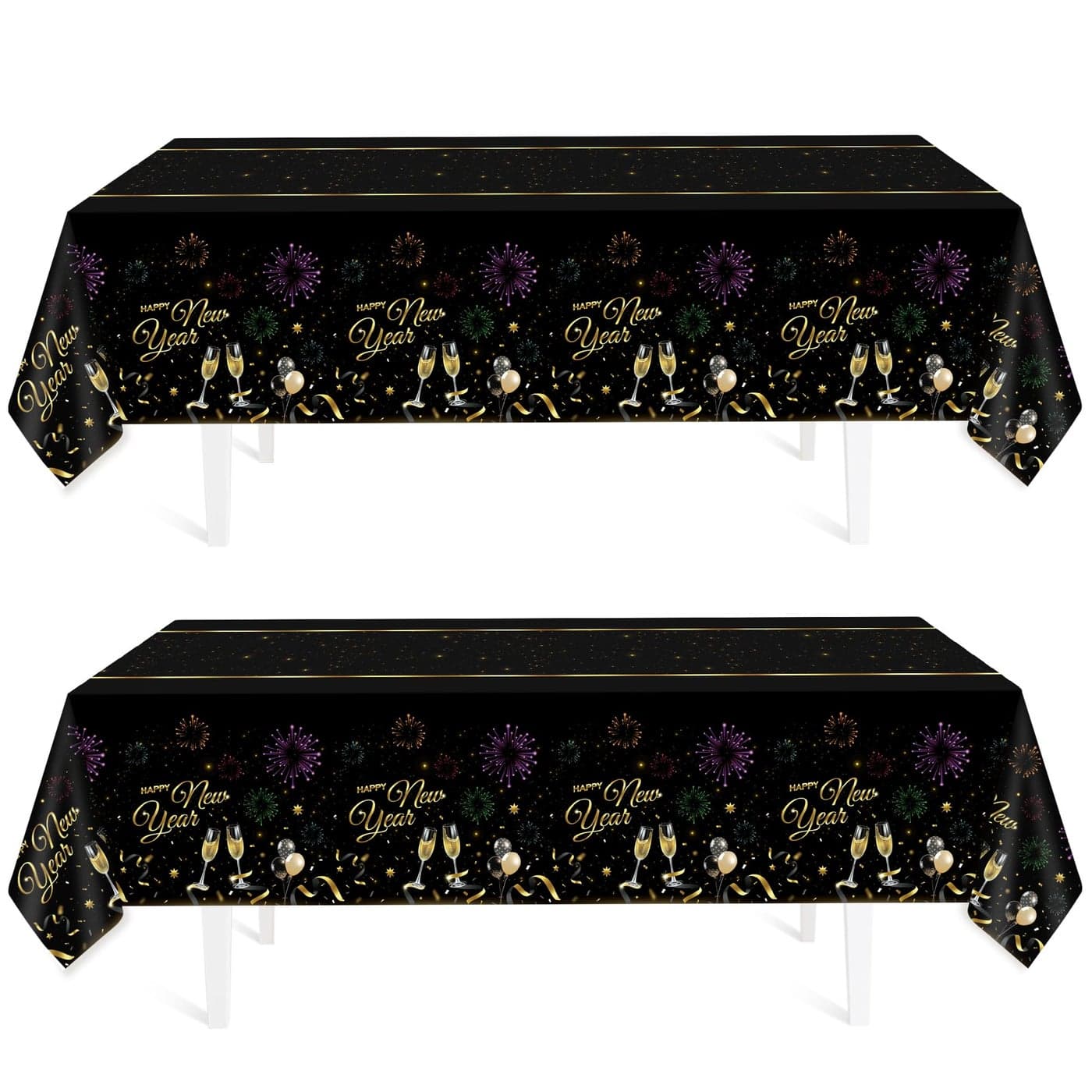 2 Pack New Years TableclothsDisposable Plastic Tablecloths for Rectangule 54x108 Happy New Years DecorationsBlack Gold Table Cover for HomeDinnerBirthdayNye Party DecorsHoliday Party Supplies