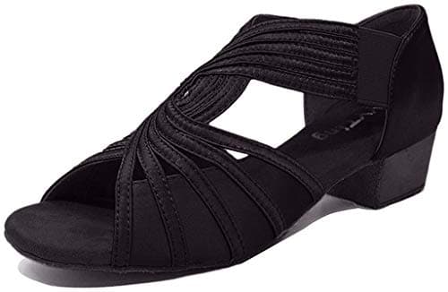 Low Heel Women Ballroom Dance Shoes Salsa Batchata Social Beginner Practice Wedding Dancing 1.5'' Heels YT04(7, Black)