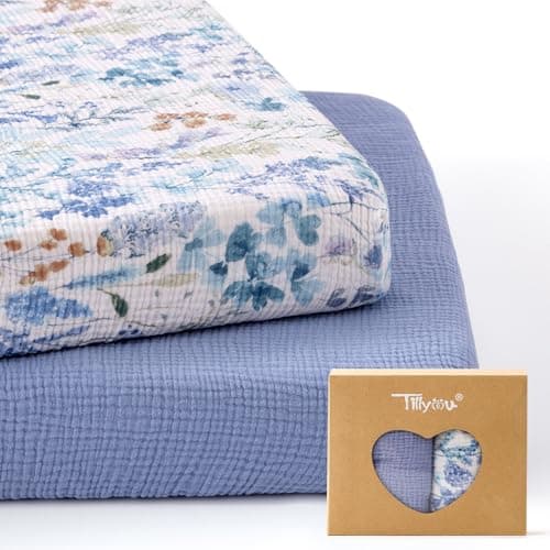 TILLYOU Muslin Mini Crib Sheets 2 Pack Pack and Play Mattress Sheets Fitted for Pack N Play 38 x 26 Sheet for Toddler Blue Flower