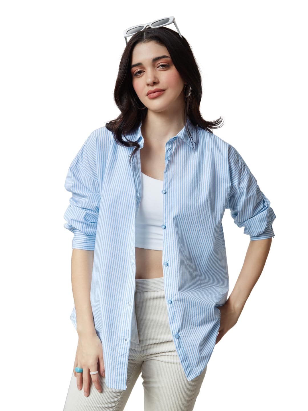 The Souled Store| Solids: Blue Stripes Womens and Girls Shirts|Full Sleeve|Loose fit Solid Stripes|100% Cotton Blue Color Women Boyfriend Shirts Women Boyfriend Shirts Fashionable Trendy Graphic