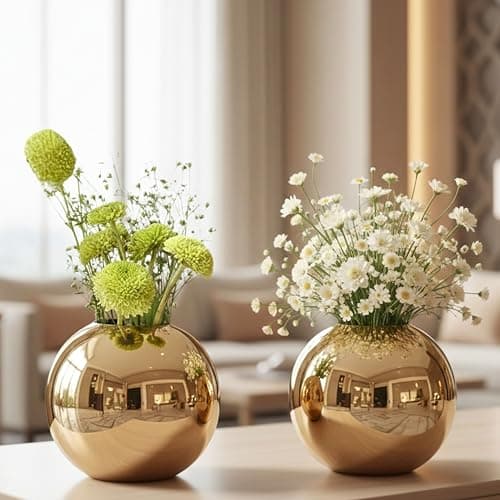 BEHOMA Metal Ball Round Metal Vase Set of 2 for Home Décor Decorative Flower Pot for Valentine’s Day | Perfect Couple Gift for Wedding, Anniversary, Birthday | Gold, Small (Flower Not Included)