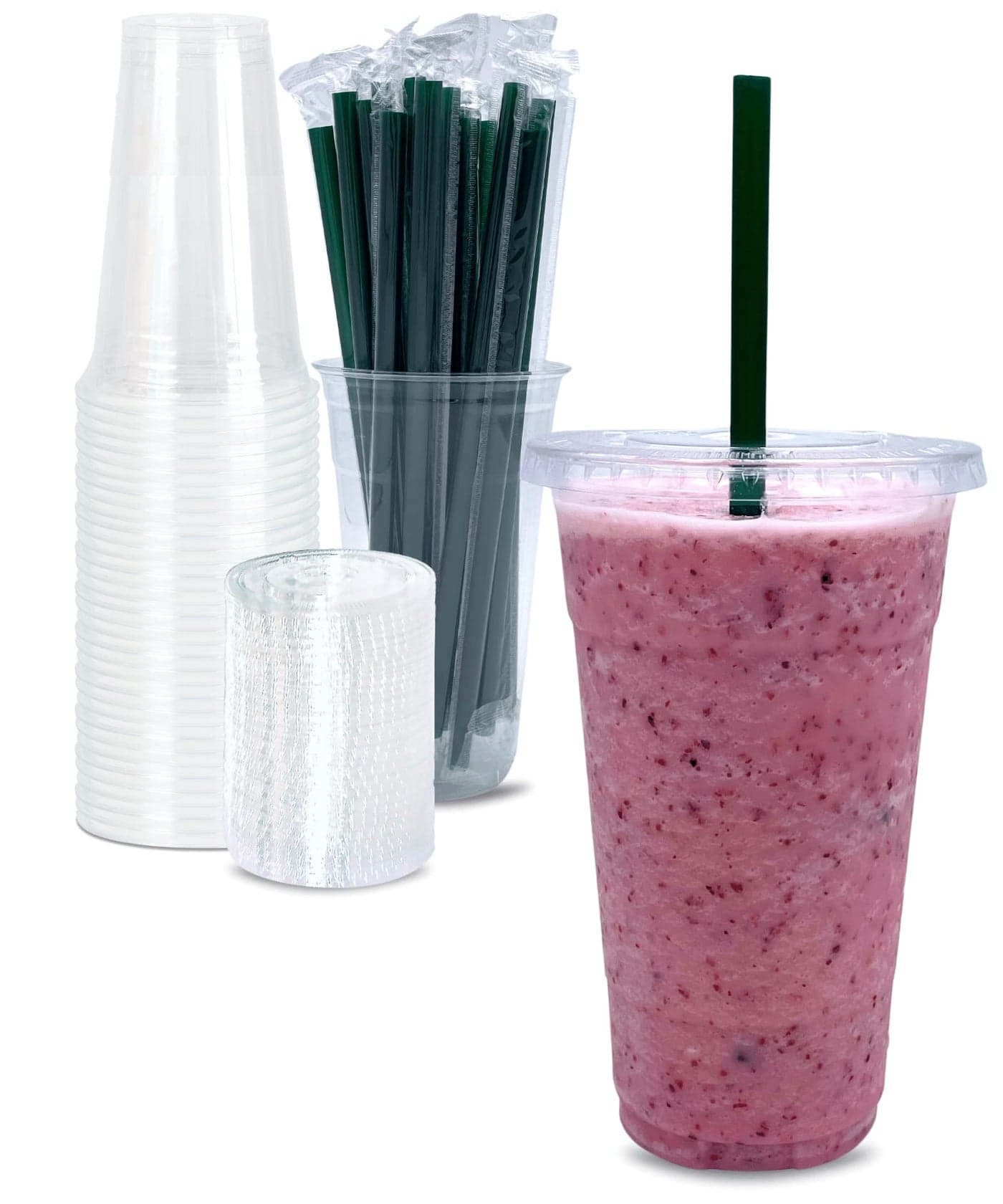 24 oz Clear Plastic Cups with Lids and STRAWS Disposable Drinking Cups for Cold Drinks Iced Coffee Milkshakes Smoothies 25 Sets