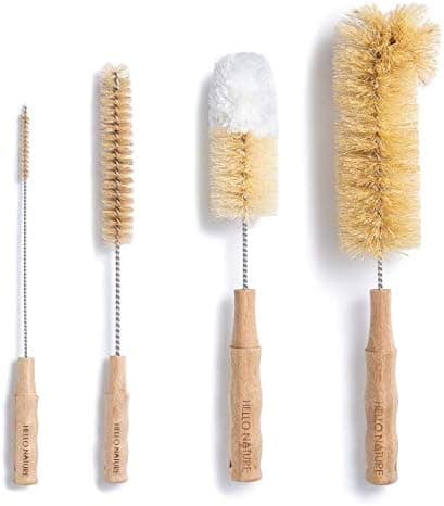 4Pcs Long Handle Bottle Cleaning Brush Set by HELLO NATURE Sustainable Biodegradable Natural Fibre Bamboo Handle Brushes ZeroWaste Plastic Free