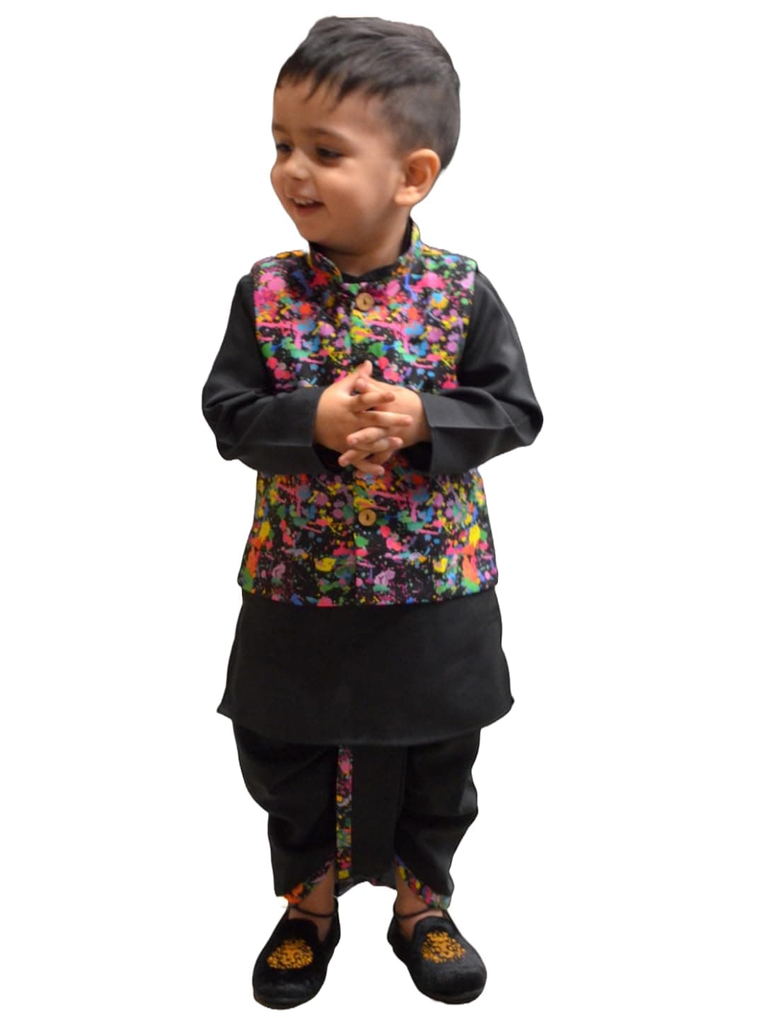 A.T.U.N. (ALL THINGS UBER NICE) Boys Black Kurta Dhoti with Splash Printed Nehru Jacket (3 Piece Set)