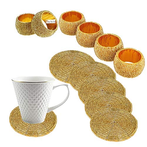 Prisha India Craft Handmade Beaded Napkin Rings Diameter 1.5" with Tea Cup Coasters Diameter - 4", Set of 6 (Golden)