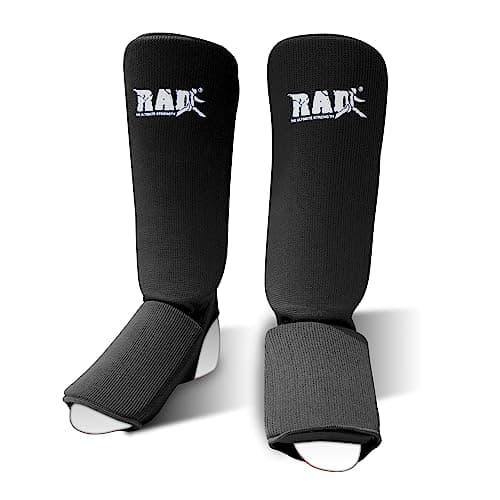 RAD Shin Guards MMA, Karate, TKW. Elastic Cloth Shin & Instep Padded Guards Protective Kickboxing (Pair) (Small, Black)