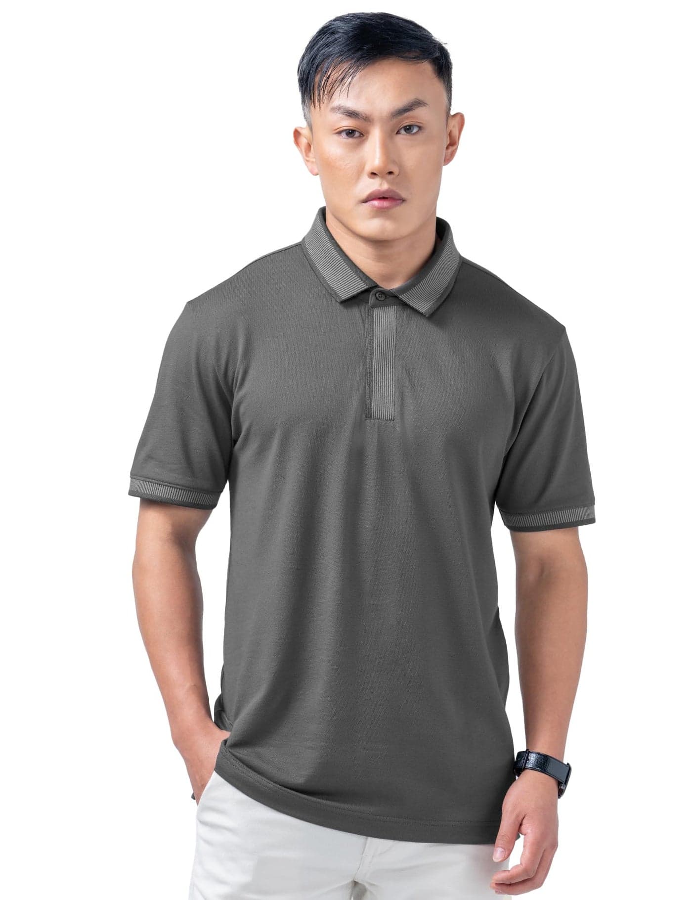 DAMENSCH All-Degree Solid Buttoned Polo T Shirt for Man, Pique Textured, Cotton, Thermoregulating Mens T Shirts with Collar, Recycled Fabric Tshirt Polo-Phantom Gray-M