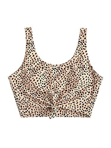 ZAFUL Women's Front Knot Bikini Tops Crop Tankini Top Scoop Neck Padded Bathing Suit Tops Deep Yellow-Top Only M