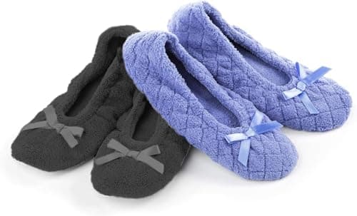 isotoner Women's 2 Pack Microterry Ballerina Slippers with Satin Bow, Suede Sole, and Terry Lining Ballet Flat, Periwinkle Quilted, Ash Solid, 5-6