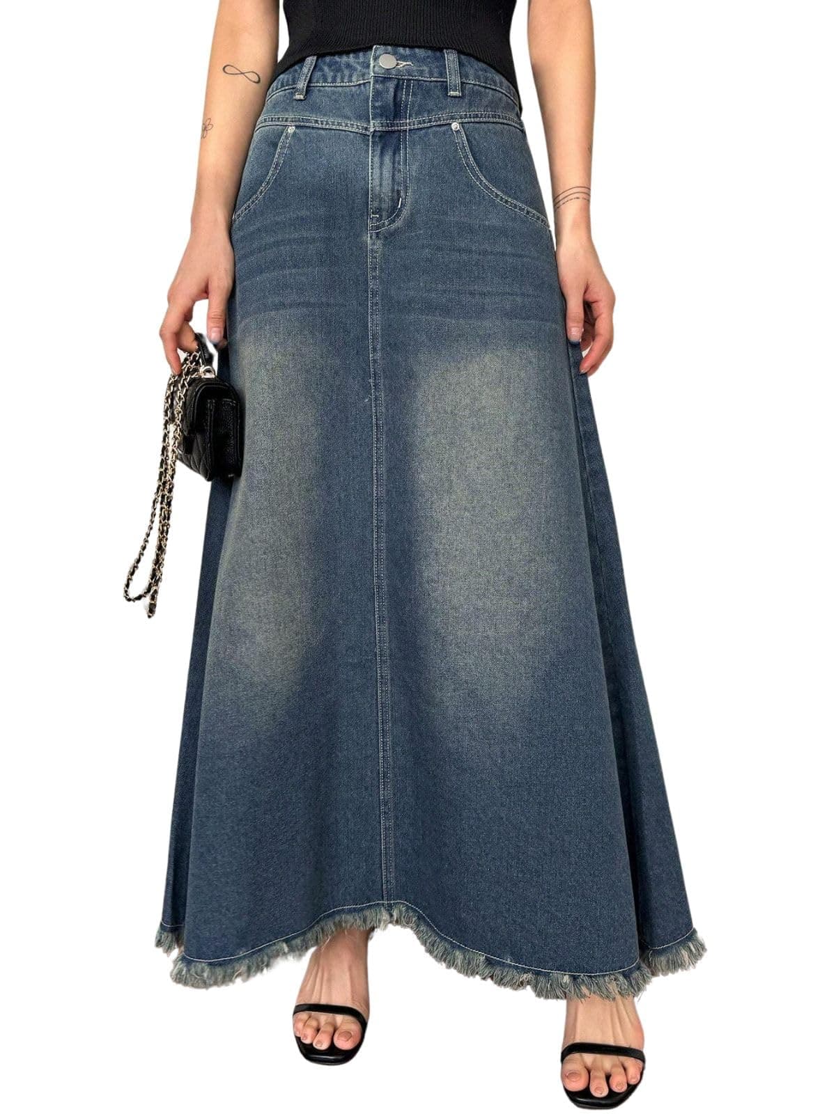 GRECIILOOKS 60% Polyester 40% Cotton Western Skirt Women Dark Blue