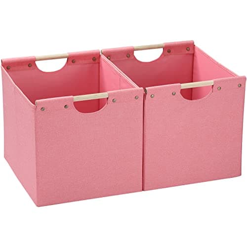 HOONEX Large Foldable Storage Bins, Linen Fabric, Pack of 2, Storage Baskets with Wooden Carry Handles and Sturdy Heavy Cardboard, for Home, Office, Car, Nursery, Pink