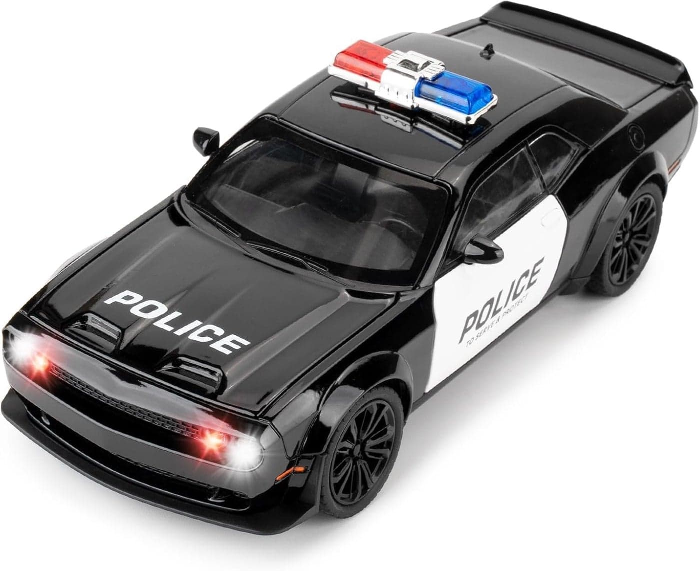 DEOXY Dodge Challenger SRT-Police | 1:24 Scale | Die-Cast Model Metal Pull Back Toy Car For Kids With Openable Doors & Light, Music Toy Vehicle For Kids, Black