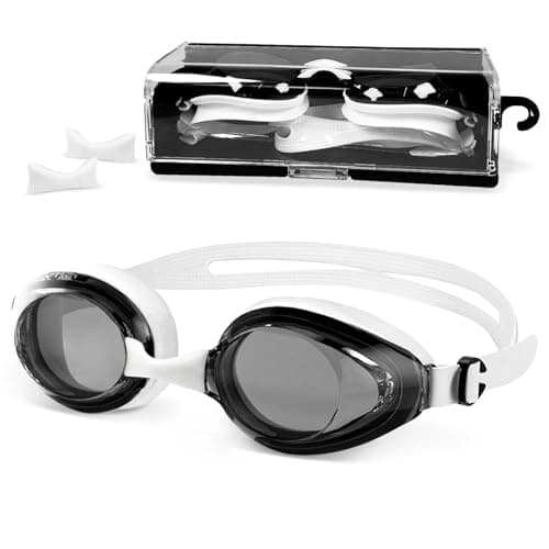 Airoads Shortsighted Swim Goggles Leakproof Anti-Fog UV Protection Swimming Goggles Designed for Nearsighted Adults Women and Youth with 3 Adjustable Nose Bridges (Black & White, -7)