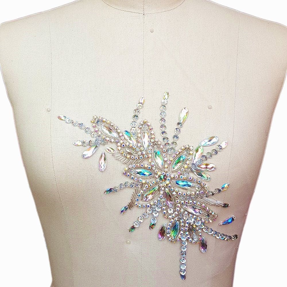Exquisite Uniquely Pure Handmade AB Colour Bright Crystal Patches Sewon Rhinestones Applique with Stones Sequins Beads for Wedding Dress DIY Manual Accessories Belt Chest Waist Decoration AB