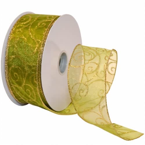 Morex Ribbon 7416.60/50-621 Swirl 2.5" X 50 YD Nylon Sheer Curling Wired Glitter Ribbon, Moss/Gold, Holiday Ribbons for Crafts and Christmas Decorations, Gift Wrapping