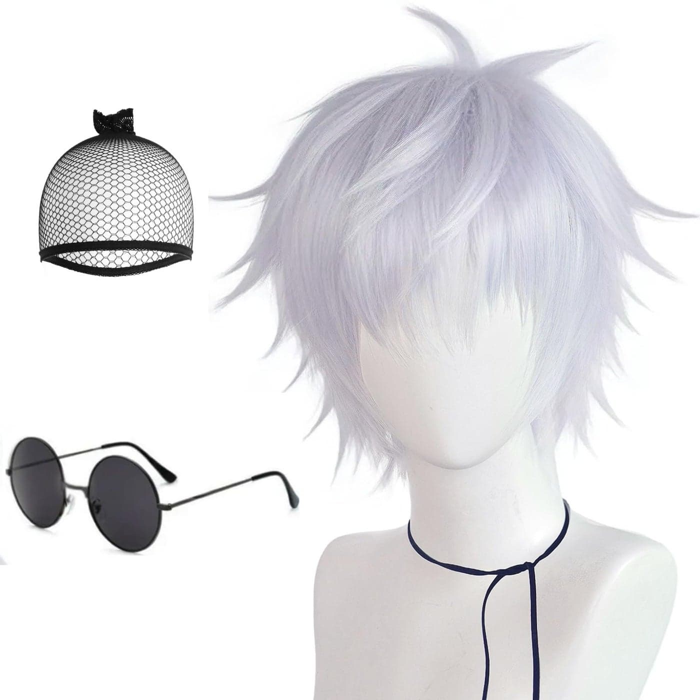 JoneTing Gojo WigHair CapA pair of Glasses Jujutsu Kaisen Wig Light Purple Wigs With Bang Short Silver Synthetic Cosplay Hair for Halloween Cosplay Party Peluca Violeta Claro for Party