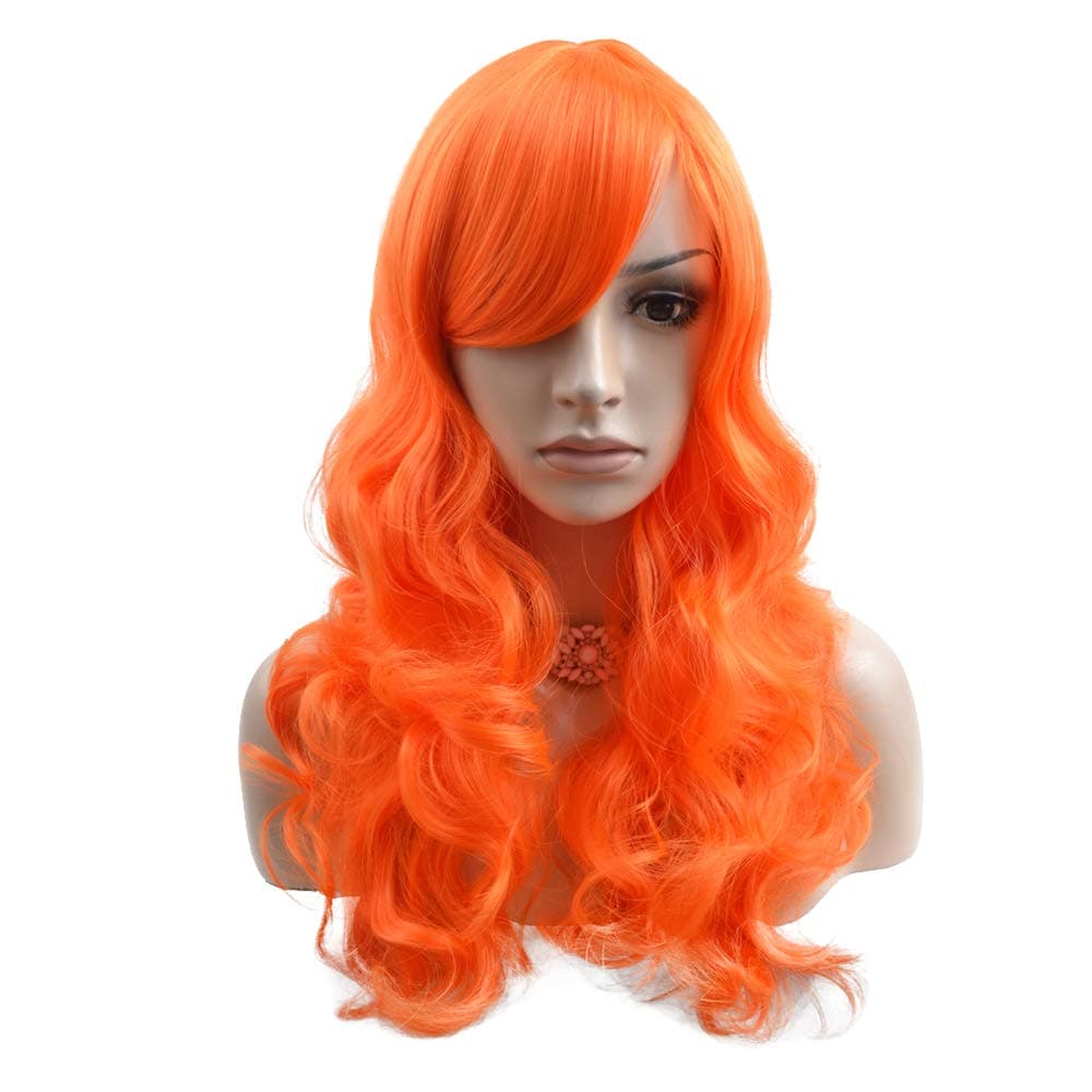 BERON Orange Wig Long Wavy Wig Orange Wig with Bangs for Women Orange Wig Long Curly Wig Orange Wig Synthetic Wig with Wig Cap