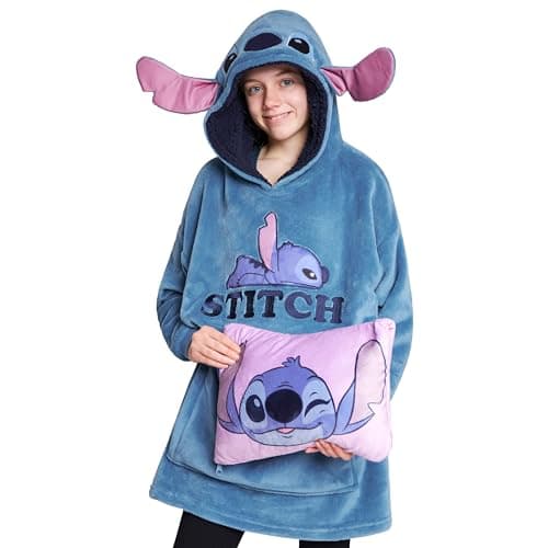 Disney Stitch 2in1 Blanket Hoodie for Kids Oversized Fleece Pullover with Sherpa Hood Folds into Travel Cushion Wearable Hoodie Blanket Loungewear Gift for Girls Boys Blue Stitch