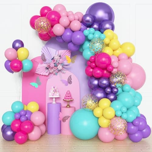 Amandir 153pcs Purple Blue Pink Balloon Garland Arch Kit Different Sizes 18 12 10 5 inch Teal Yellow Latex Metallic Confetti Balloons for Magic Birthday Engagement Party Decoration