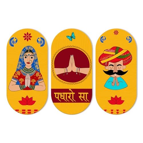 Artvibes Padharo Sa Rajasthani Art Wooden Wall Hanger for Home | Office | Living Room | Gift | Modern Decoration Items | Kitchen Wall Decor | Artworks (WH_9023N), Set of 3