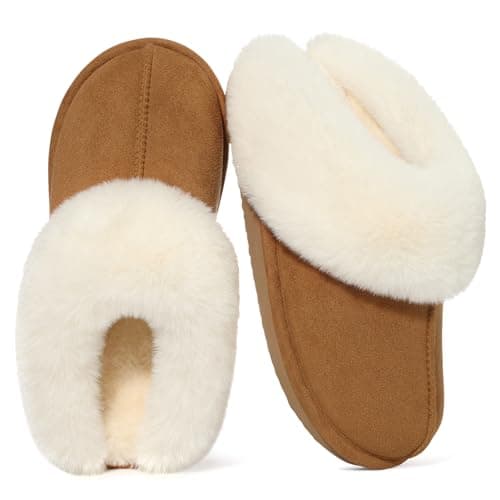 Litfun Fuzzy House Slippers for Women Fluffy Memory Foam Suede Slippers with Faux Fur Collar Indoor Outdoor, Brown, Size 9.5-10