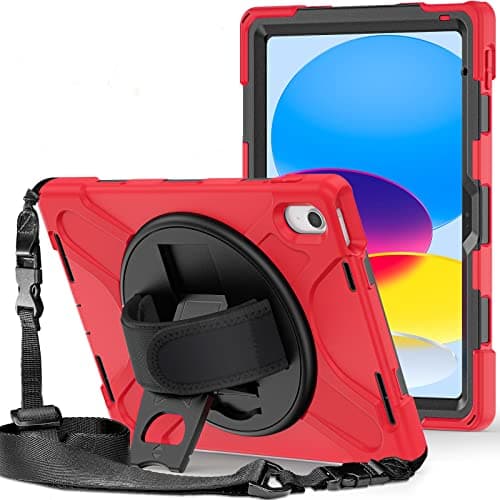 ProElite Rugged 3 Layer Armor case Cover for Apple iPad (A16) 11th/10th Generation (2025/2022). with Hand Grip and Rotating Kickstand, Red