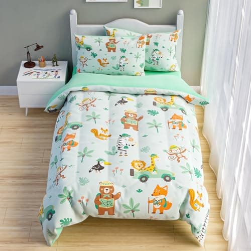 SANDJEST Jungle Animal Comforter Set Twin Size 68x86in for Kids Boys, Microfiber 3 Pcs Bedding Set Includes 1 Comforter, 1 Pillowcase, 1 Fitted Sheet, Nursery Room Decor